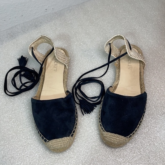 J.CREW Ankle-Wrap Baja Espadrille Sandals Black Suede Leather Size 9 - Picture 3 of 13